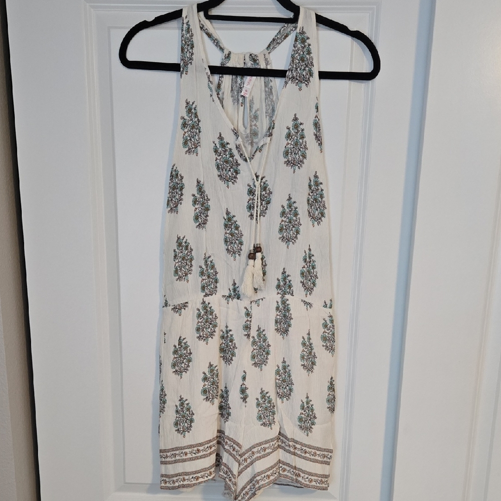 Xhilaration Cream Floral Print Romper with Tassel Tie